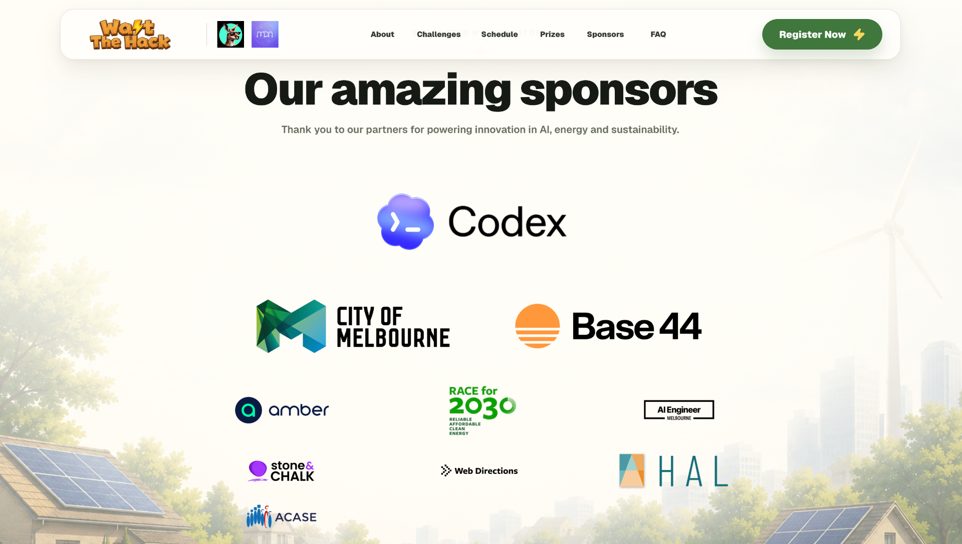 Watt the Hack sponsors page featuring Codex, City of Melbourne, Base44, Amber, RACE for 2030, AI Engineer, Stone & Chalk, Web Directions, HAL, and ACASE