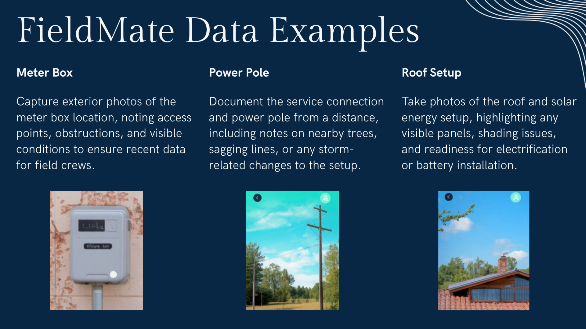 FieldMate data examples: meter box, power pole, and roof setup capture guidance with sample photos