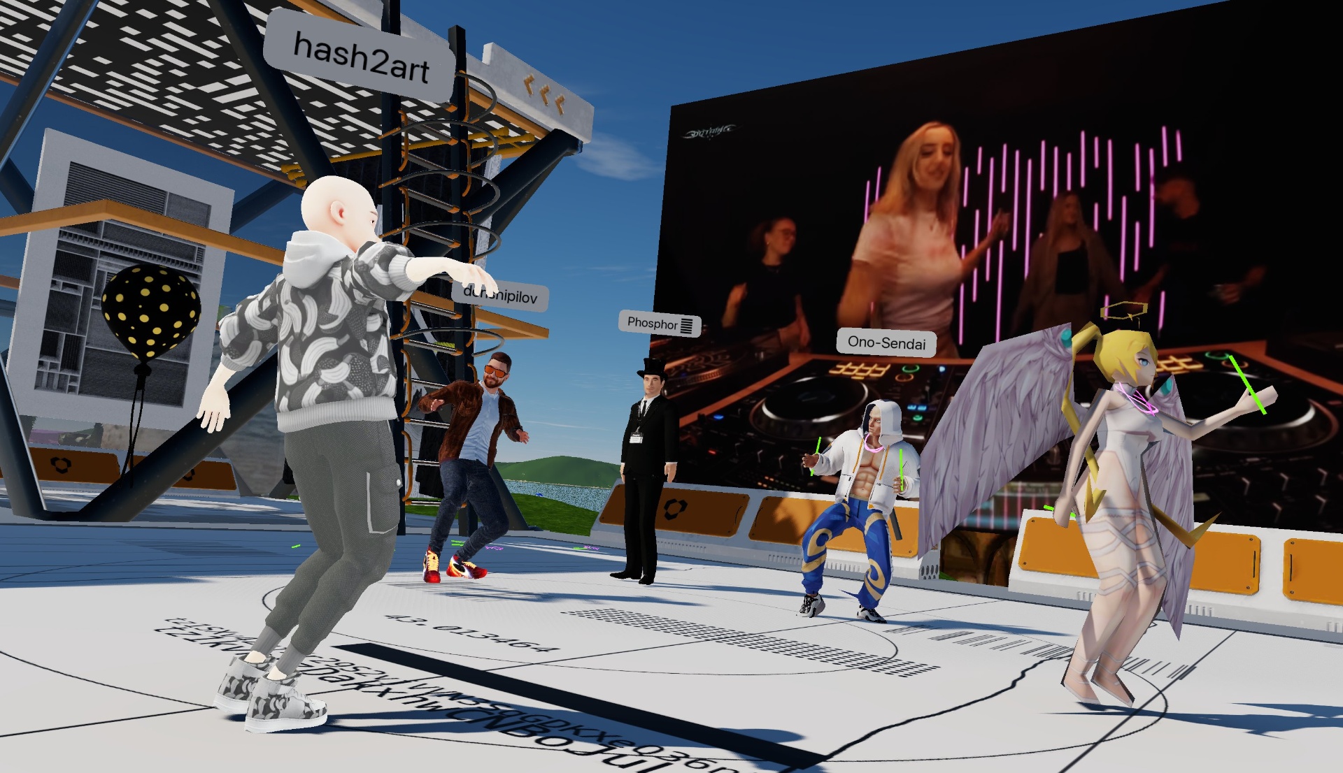 Substrata birthday party scene with avatars dancing